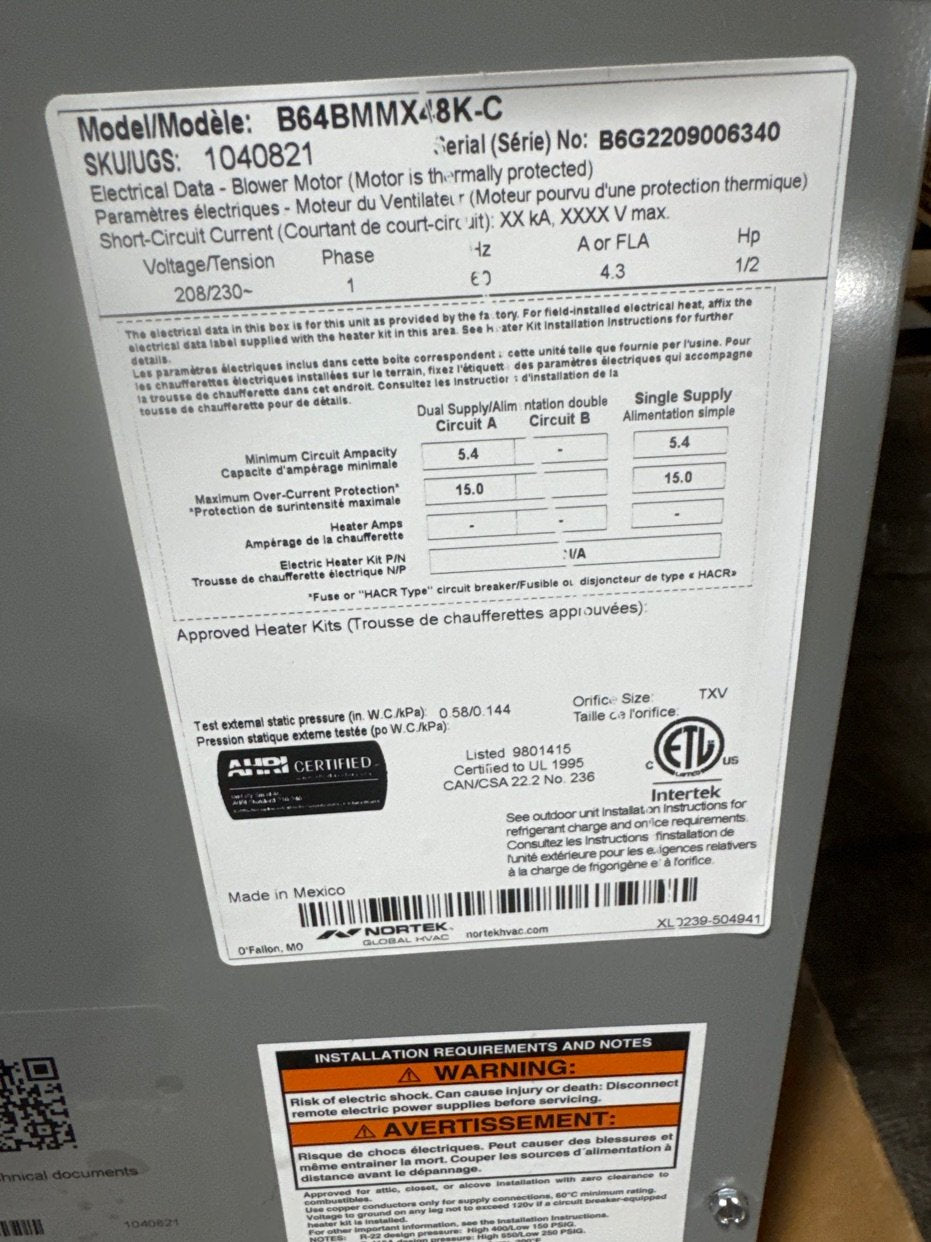 4 Ton AC/HP PSC Multiposition Air Handler 208-230/60/1 R-410A CFM 2319