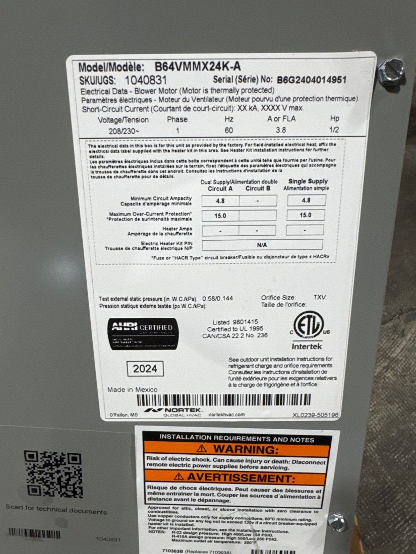 2 Ton AC/HP ECM Multiposition Air Handler 208-230/60/1 R-410A CFM 1200