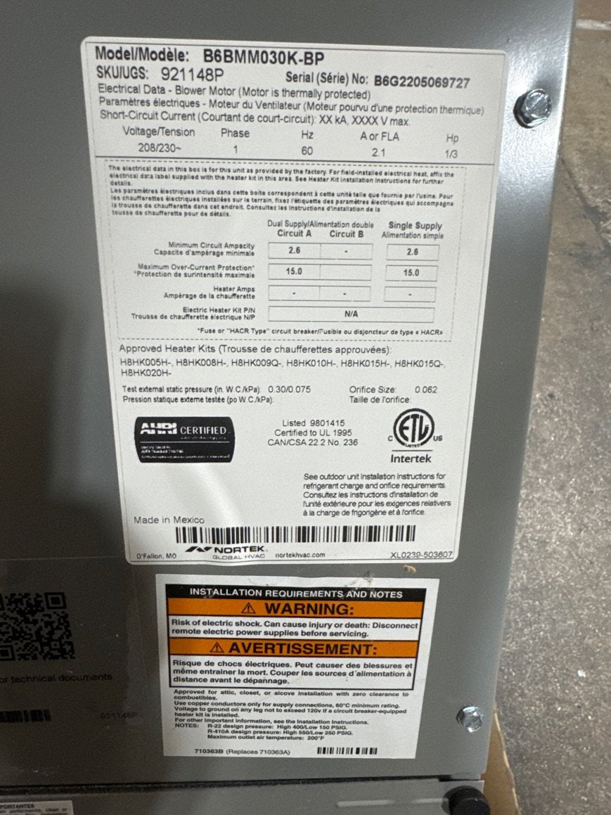 2.5 Ton AC/HP PSC Multiposition Air Handler 208-230/60/1 R-410A CFM 1427