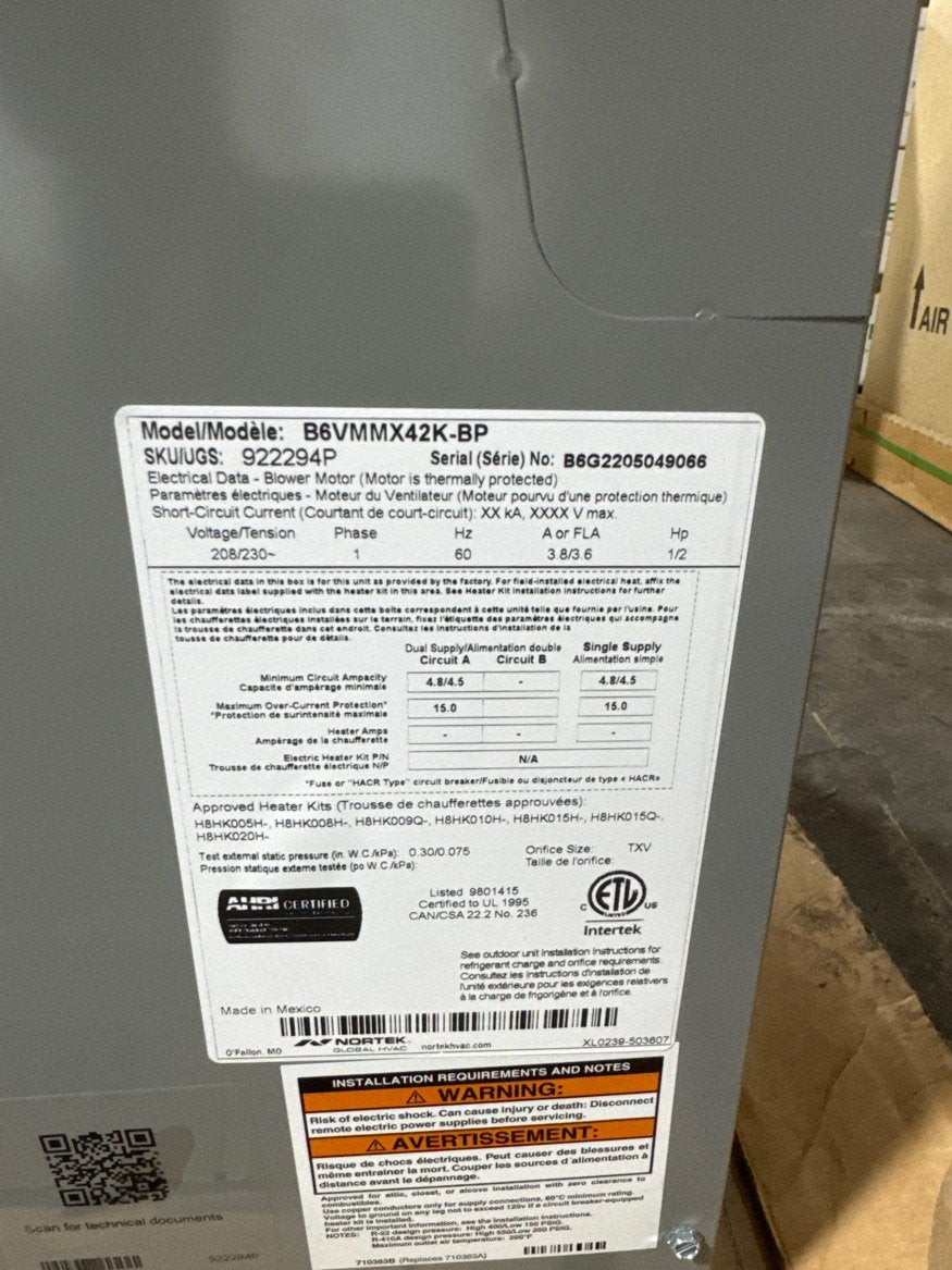 3.5 Ton AC/HP ECM Multiposition Air Handler 208-230/60/1 R-410A CFM 1400