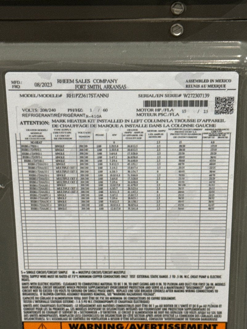 3 Ton AC/HP PSC Multiposition Air Handler 208-240/60/1 R-410A CFM 1248