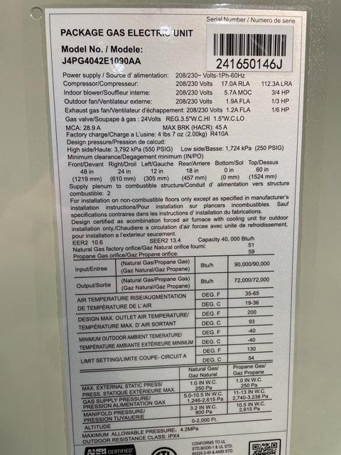 3.5 Ton Single-Stage Convertible Natural Gas/Electric Packaged Unit, 13.4 SEER2, 208-230/60/1, R410A