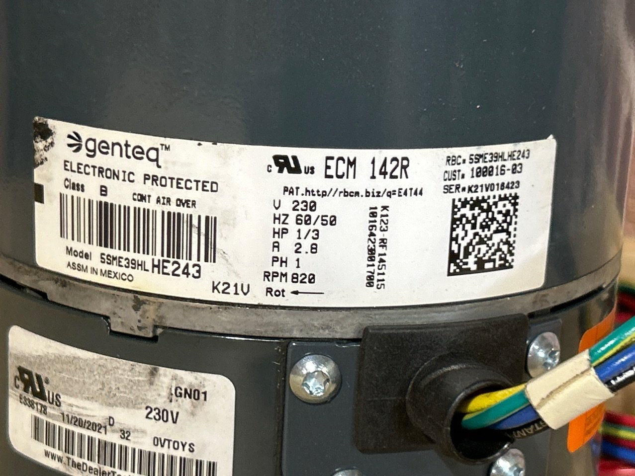 1/3 HP Condenser Fan Motor 230/60/1 820 Rpm 3 Speed
