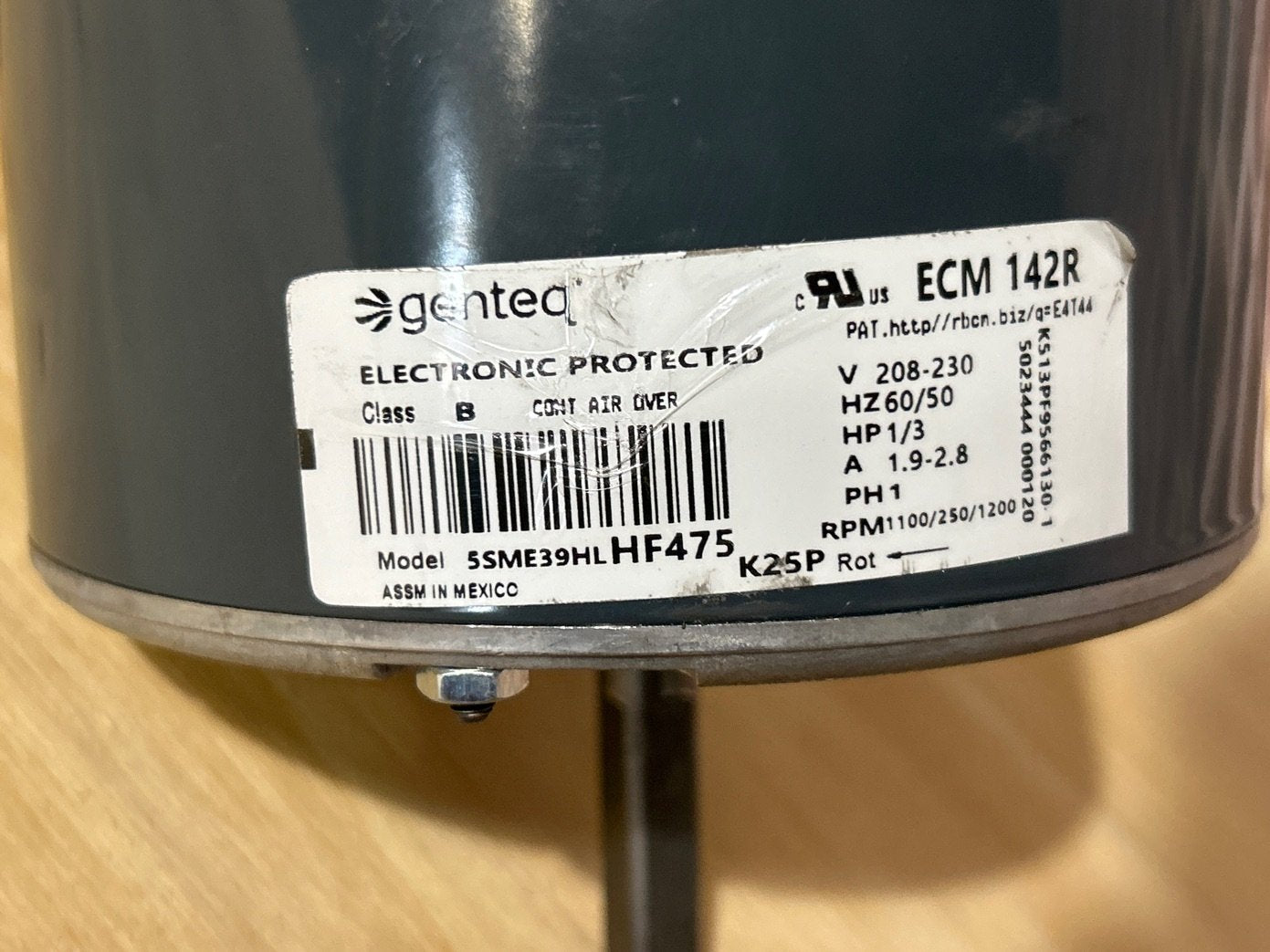 1/3 HP Condenser Fan Motor 208-230/50/60/1 1100 Rpm
