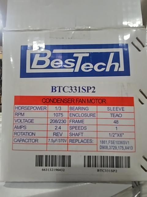 1/3 HP Condenser Fan Motor 208-230/60/1, 2.4 Amps, 1075 RPM