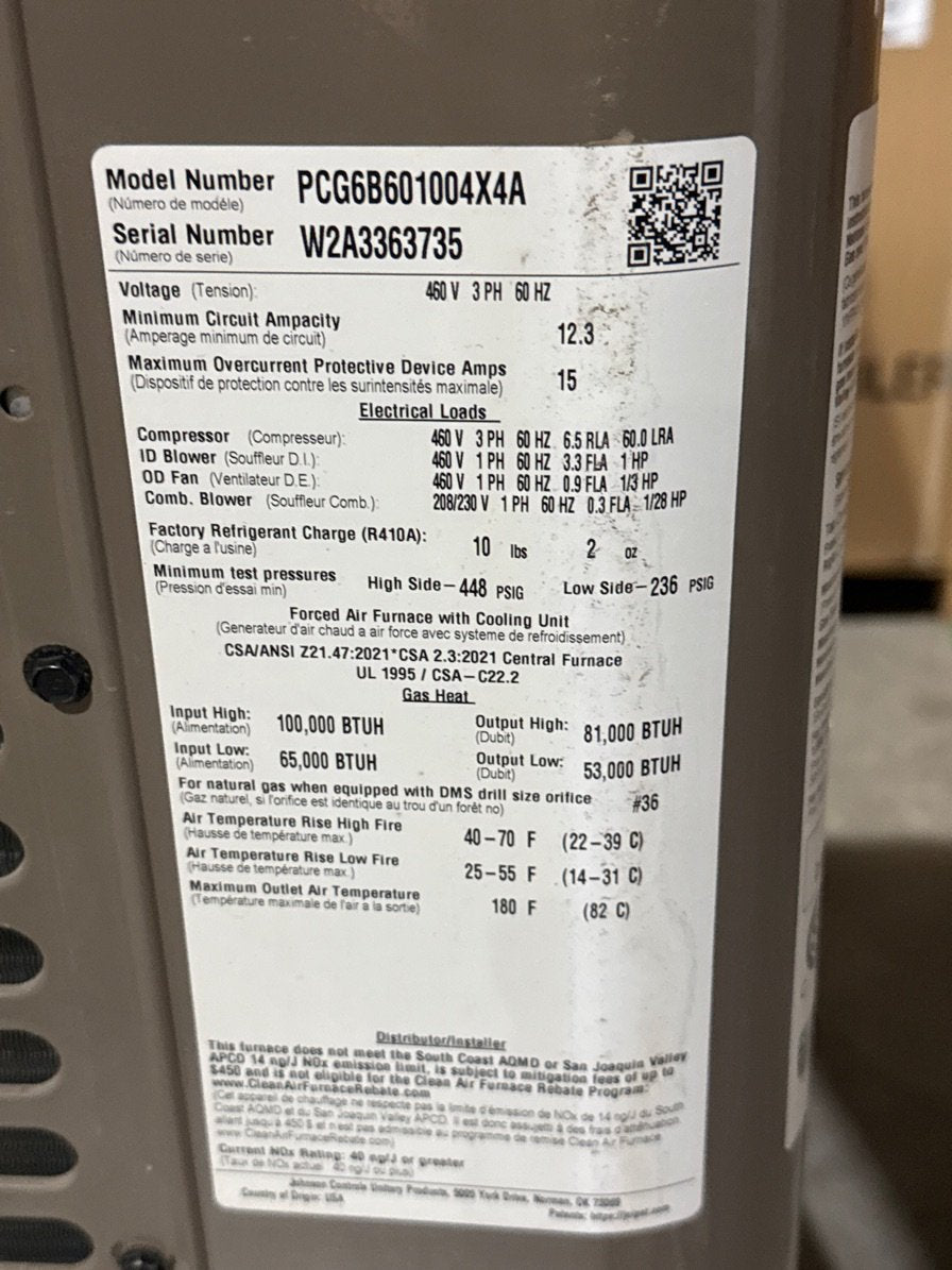 5 Ton Low NOx Two-Stage Convertible Natural Gas/Electric Packaged Unit, 16 SEER, 460/60/3, R410A