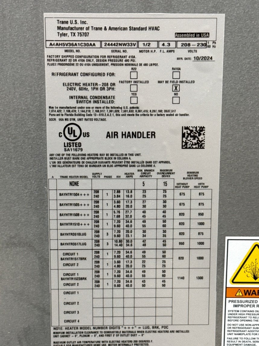 3 Ton AC/HP ECM Multiposition Air Handler 208-230/60/1 R-410A CFM 1409