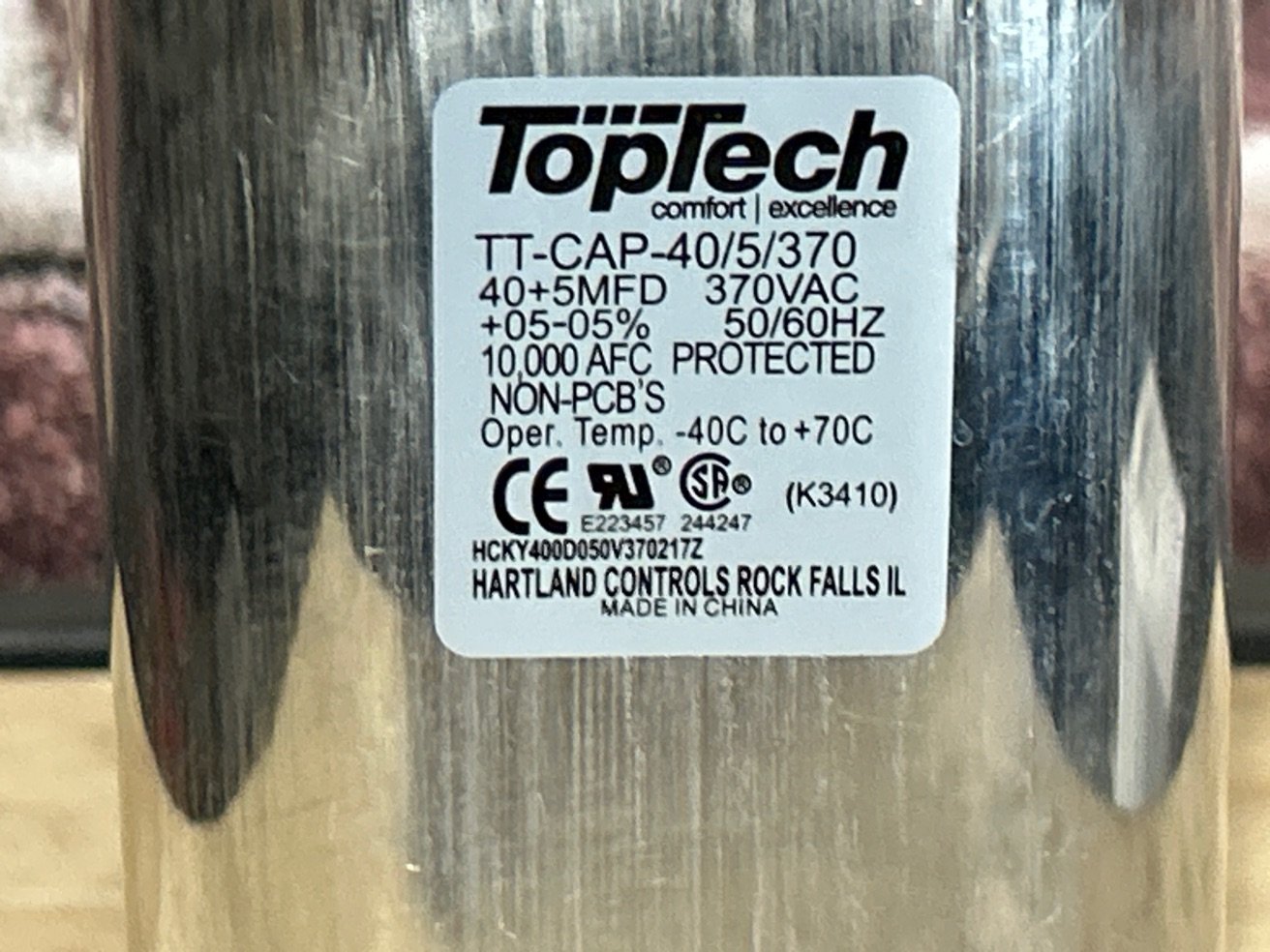 370 Vac, 40+5MFD 50/60 Hz, Oval Capacitor