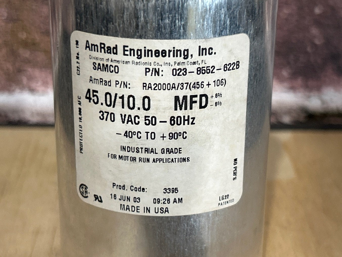 370 Vac, 45+10MFD 50/60 Hz, Round Capacitor