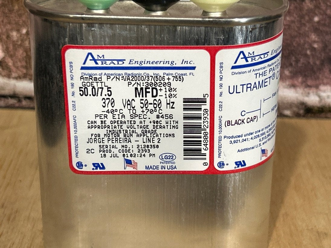 370 Vac, 50+7.5MFD 50/60  Hz, Oval Capacitor