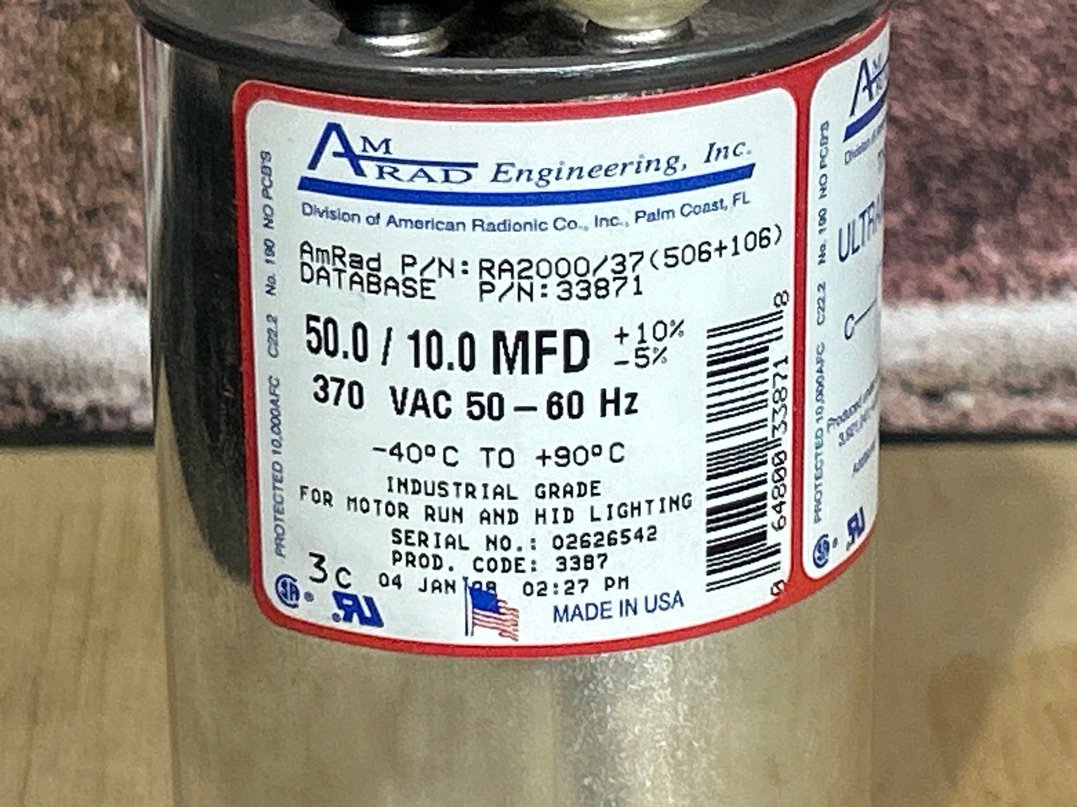 370 Vac, 50+10MFD 50/60 Hz, Round Capacitor