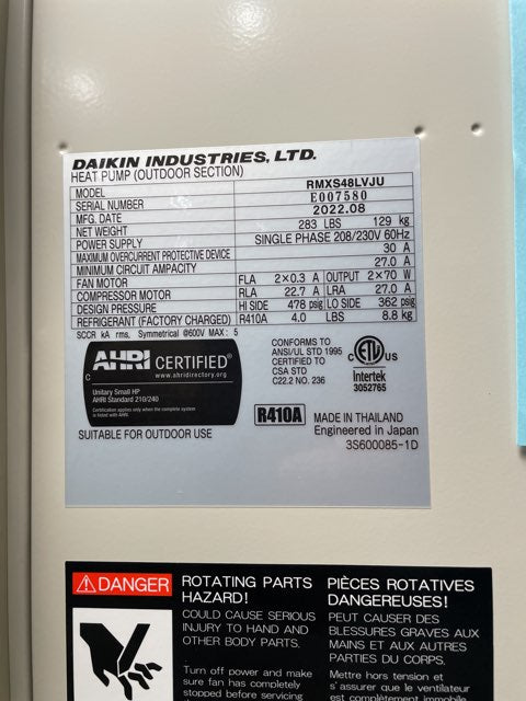 48,000 BTU Multi-Zone Outdoor Inverter Heat Pump Mini Split Unit, 18.8 SEER 208-230/60/1 R-410A