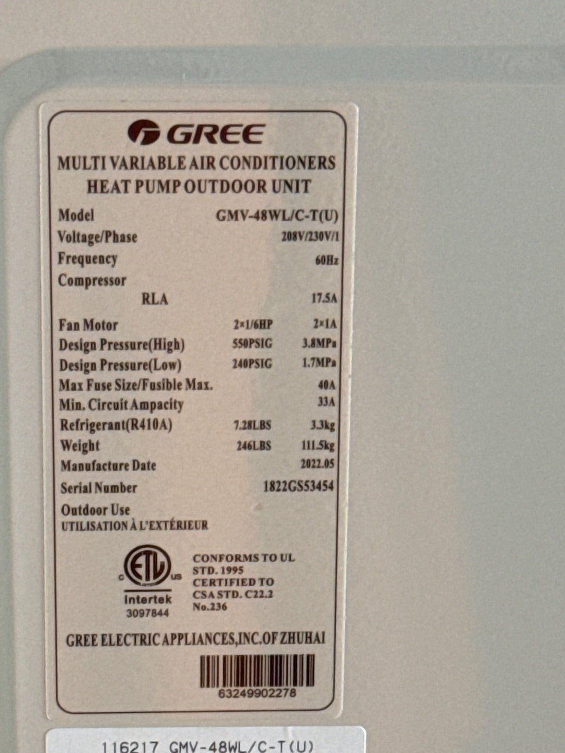 48,000 BTU Multi-Zone Outdoor Inverter Heat Pump Mini Split Unit, 22 SEER 208-230/60/1 R-410A