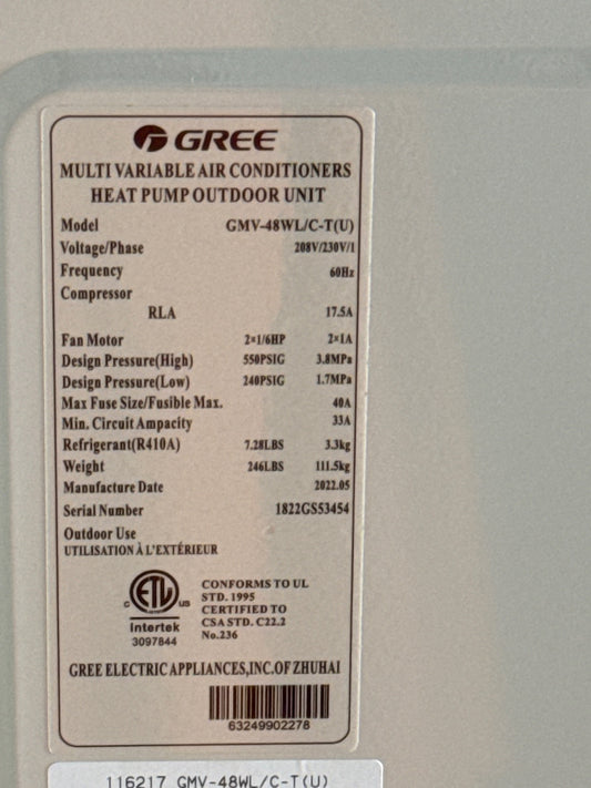 48,000 BTU Multi-Zone Outdoor Inverter Heat Pump Mini Split Unit, 22 SEER 208-230/60/1 R-410A