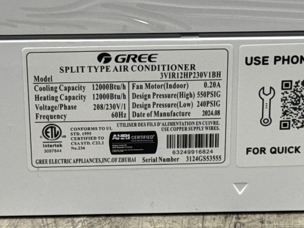 12,000 BTU Single-Zone Indoor Inverter Heat Pump Mini Split Unit, 25 SEER 208-230/60/1 R-410A