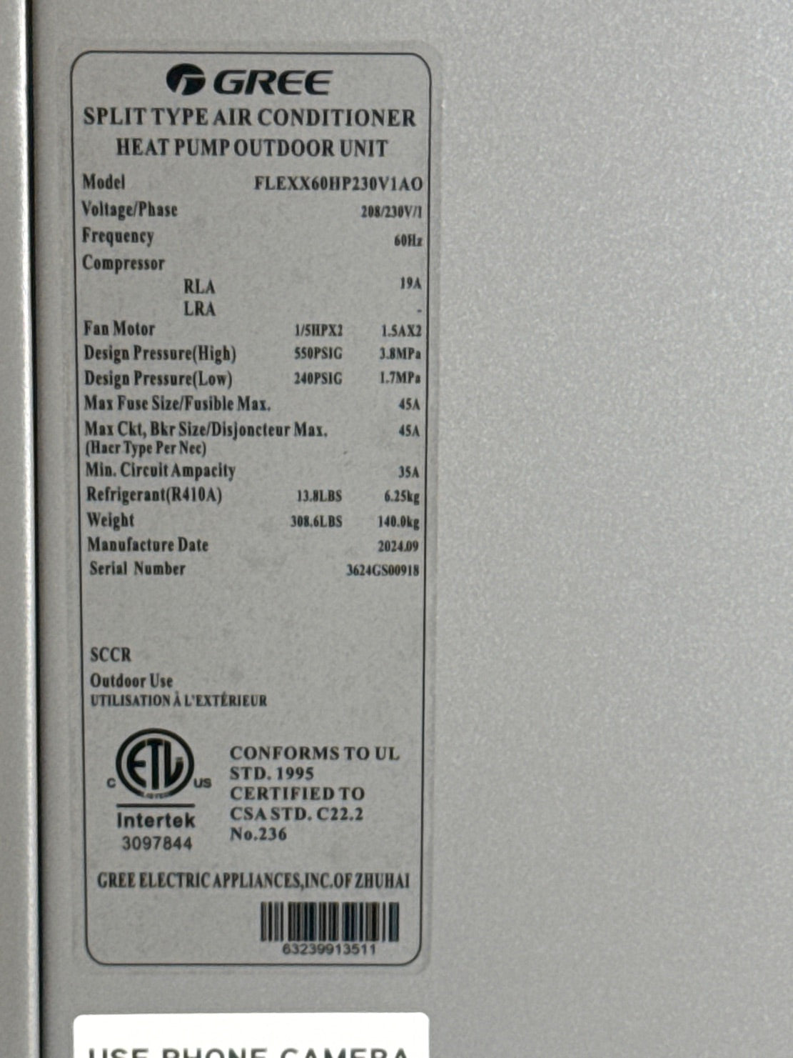 60,000 BTU Single-Zone Outdoor Inverter Heat Pump Mini Split Unit, 15.2 SEER2 208-230/60/1 R-410A