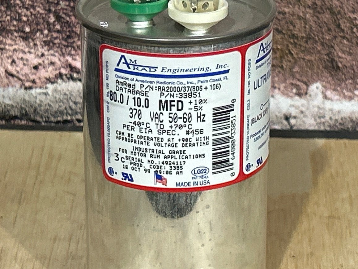 370 Vac, 80+10MFD 50/60 Hz, Round Capacitor