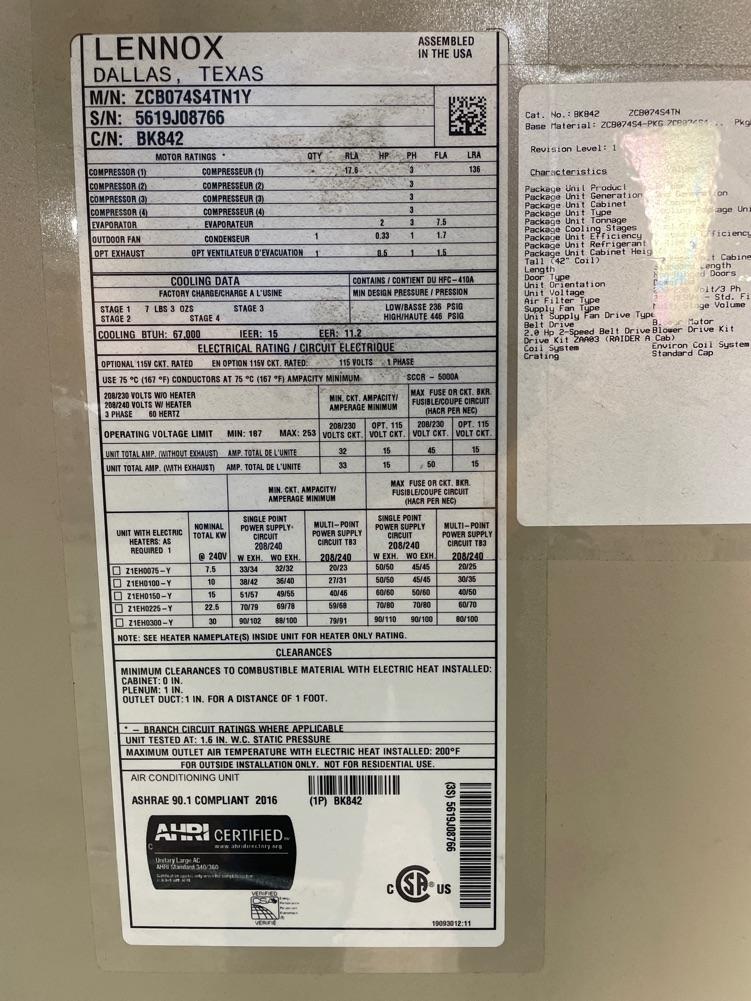 6 Ton Two-Stage Convertible Packaged Air Conditioning Unit, 13 SEER, 208-230/60/3, R410A
