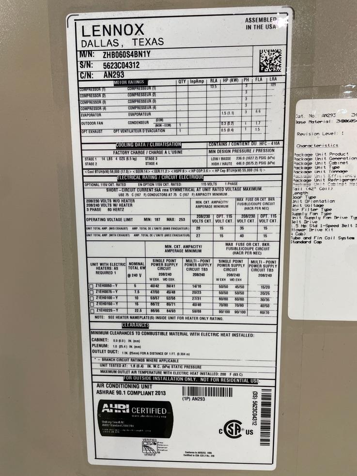 5 Ton Single-Stage Convertible Packaged Heat Pump Unit, 14 SEER, 208-230/60/3, R410A