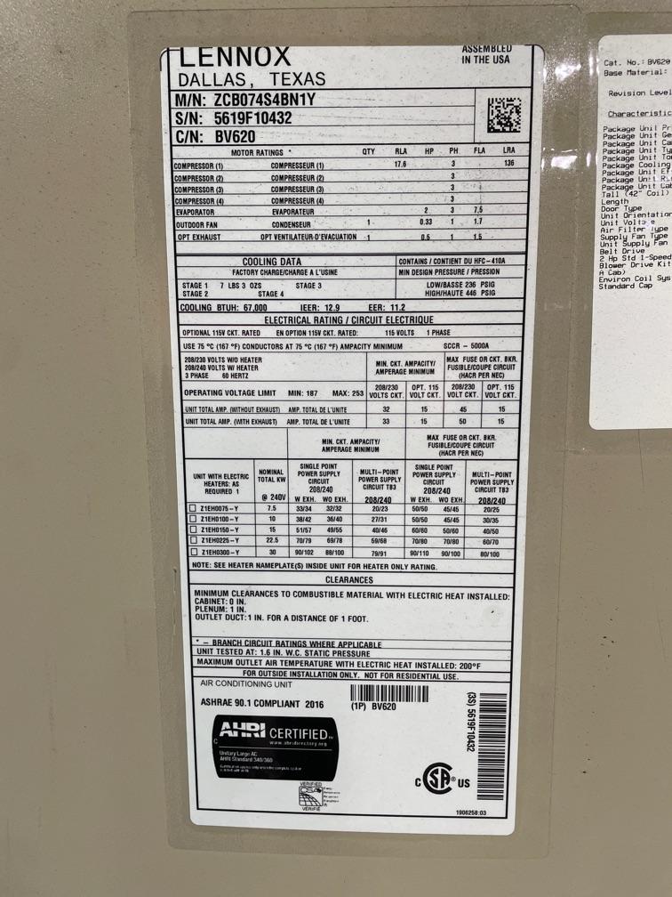6 Ton Two-Stage Convertible Packaged Air Conditioning Unit,  SEER, 208-230/60/3, R410A
