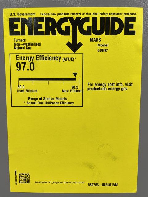 110,000 BTU Modulating Upflow/Horizontal ECM Variable Speed Gas Furnace 97% AFUE 120/60/1 CFM: 1988