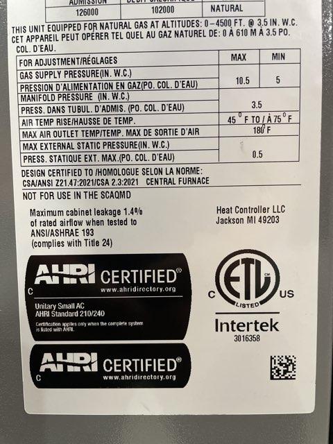 5 Ton Single-Stage Convertible Natural Gas/Electric Packaged Unit, 14 SEER, 208-230/60/1, R410A