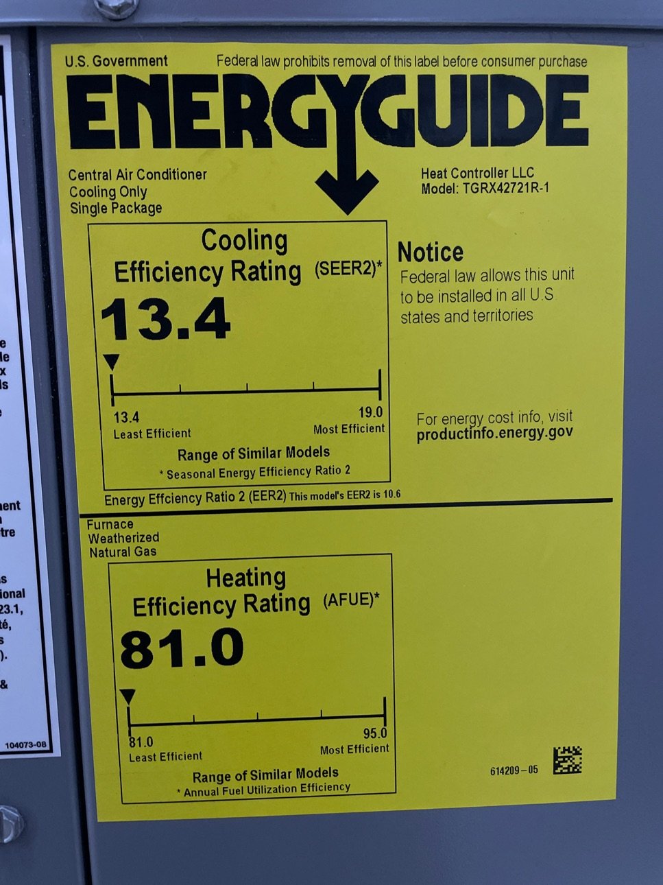 3.5 Ton Ultra Low NOx 1-Stage Convertible Natural G/E Packaged Unit, 14 SEER, 208-230/60/1, R410A