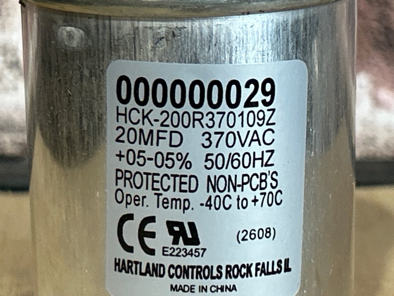 370 Vac, 20MFD 50/60 Hz, Round Capacitor