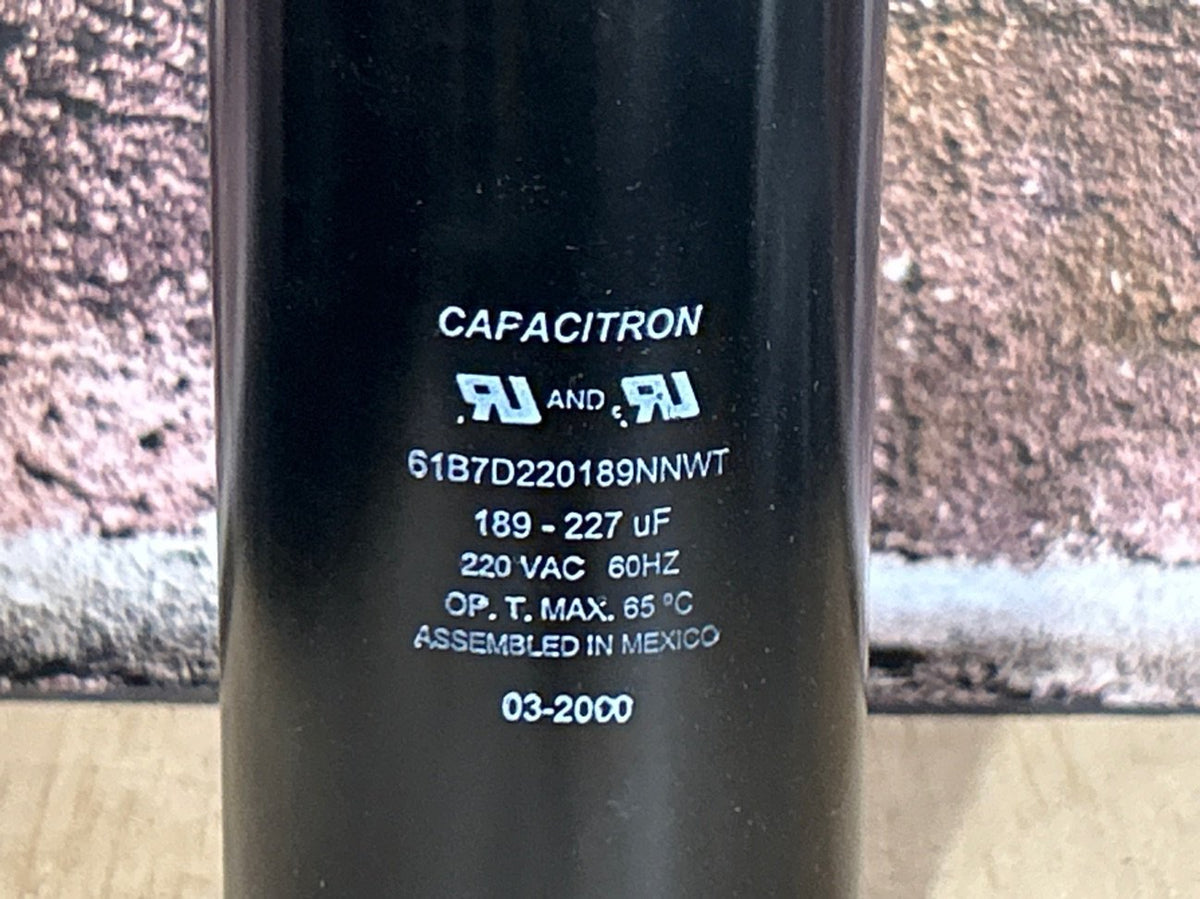 220 Vac, 189-227MFD 50/60 Hz, Round Capacitor
