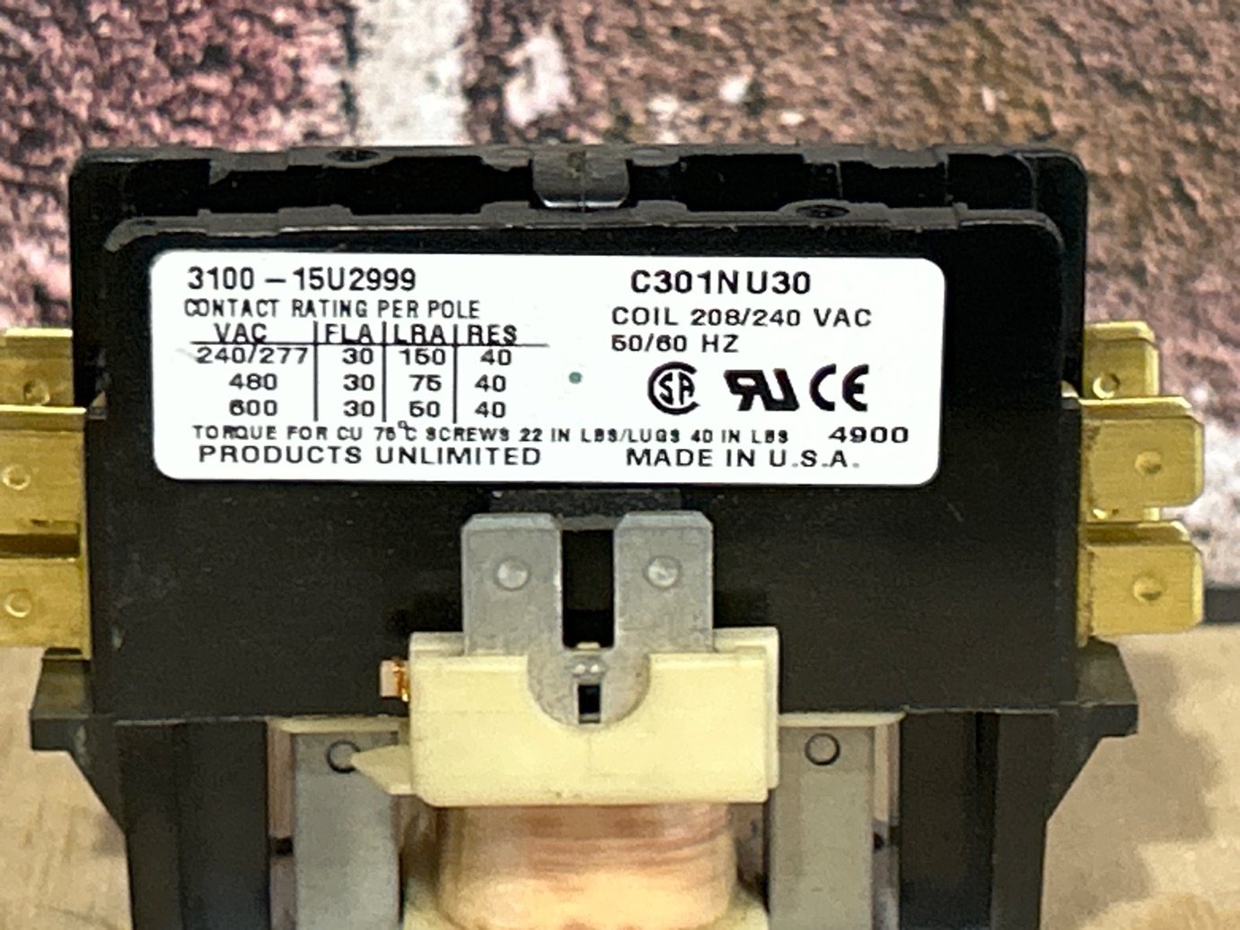 208/240 V, 50/60 Hz, 1 Pole Contactor