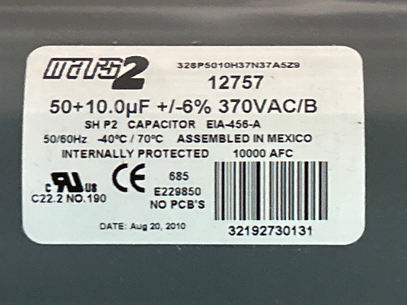370 Vac, 50MFD 50/60 Hz, Round Capacitor