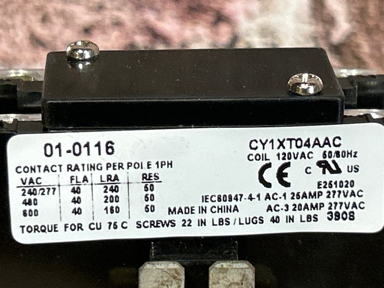 120 V, 50/60 Hz, 40 Amps 1 Pole Contactor