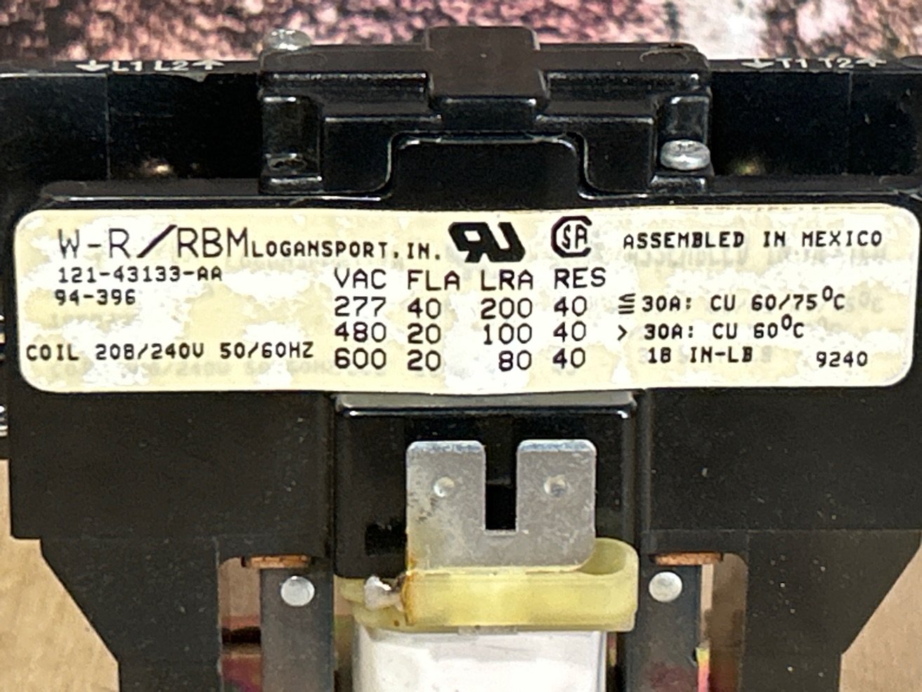 208/240 V, 50/60 Hz, 40 Amps 1 Pole Contactor