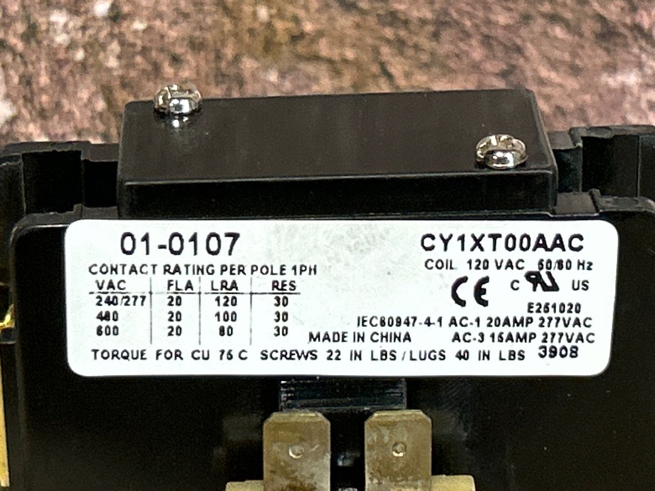 120 V, 50/60 Hz, 20 Amps 1 Pole Contactor