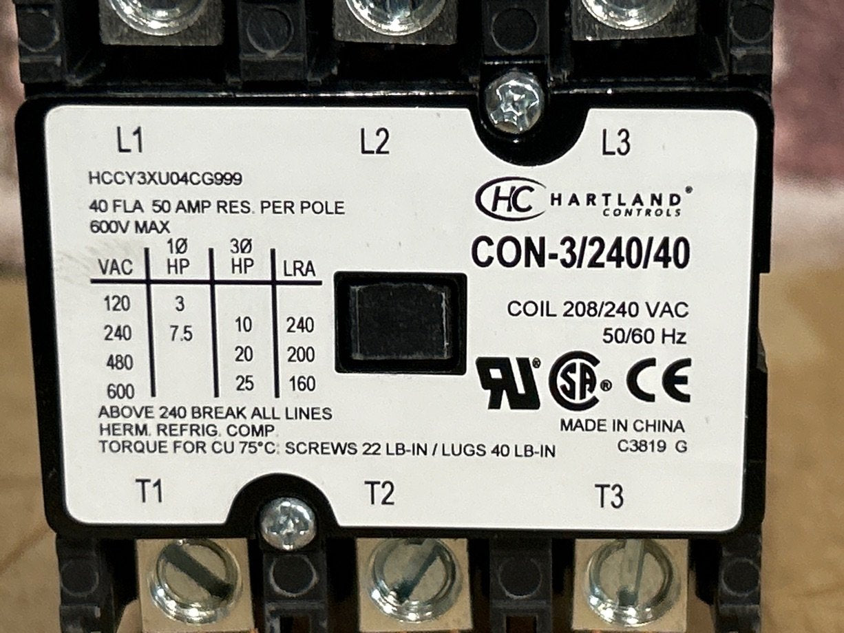 208/240 V, 50/60 Hz, 40 Amps 3 Pole Contactor