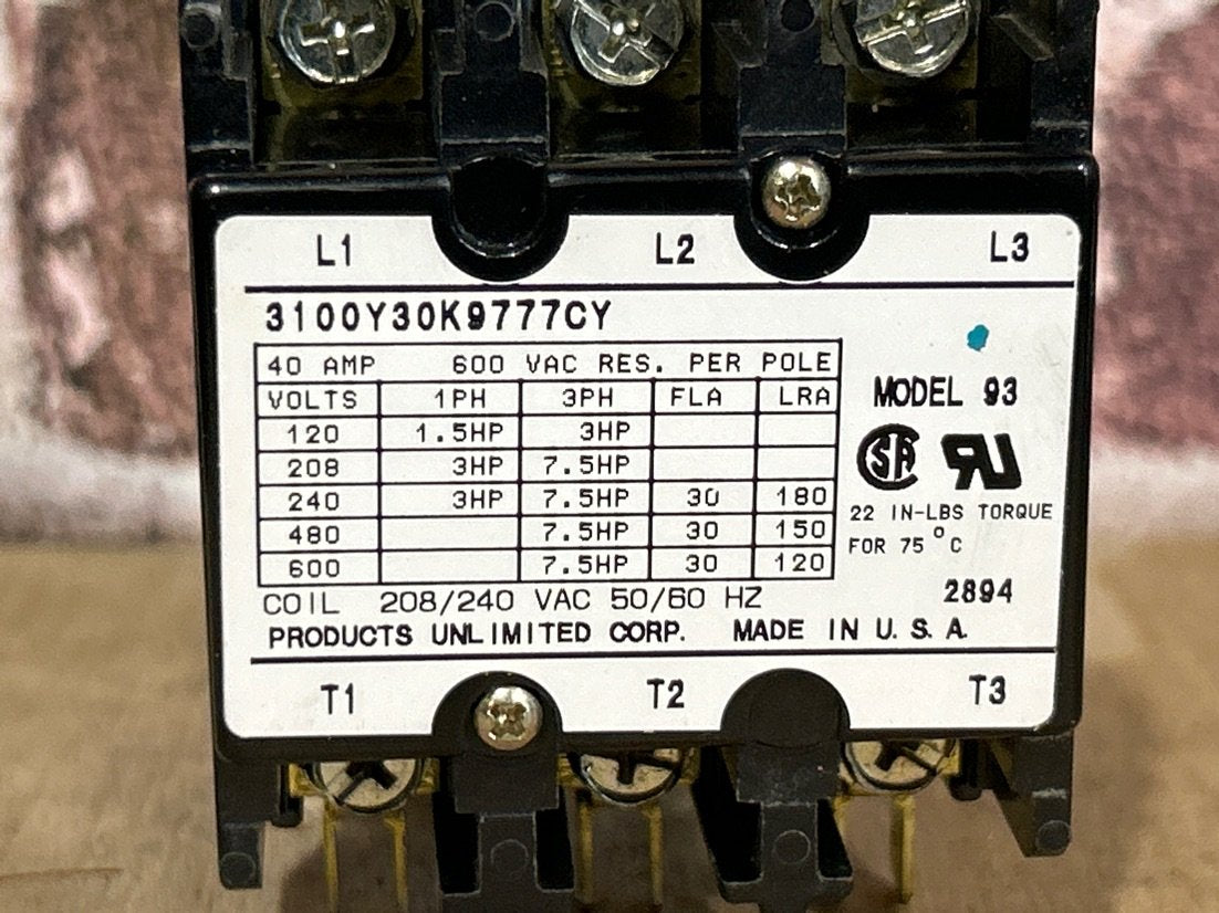 208/240 V, 50/60 Hz, 30 Amps 3 Pole Contactor