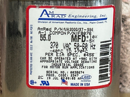 370 Vac, 55MFD 50/60 Hz, Oval Capacitor