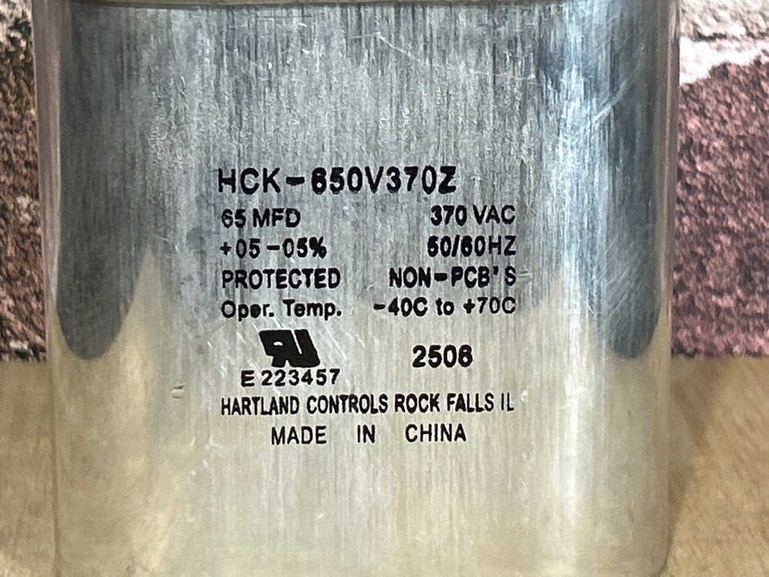 370 Vac, 65MFD 50/60 Hz, Oval Capacitor