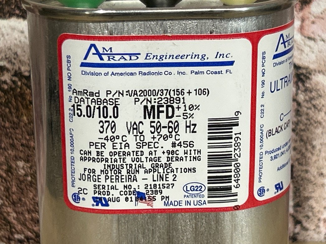 370 Vac, 15+10MFD 50/60 Hz, Oval Capacitor