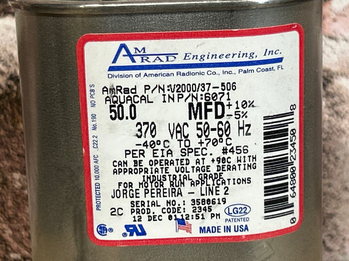 370 Vac, 50MFD 50/60 Hz, Oval Capacitor