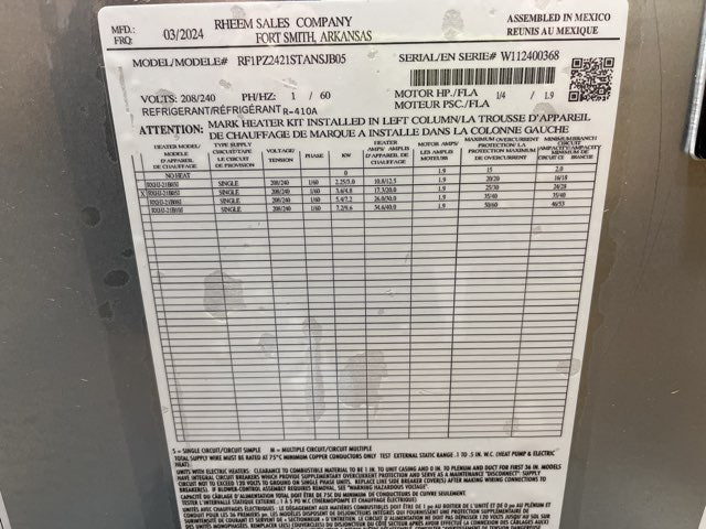 2 Ton AC/HP ECM Front Return Air Handler With 5 KW Heat, 208-240/60/1 R-410A CFM 1137