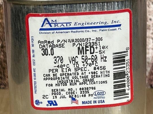 370 Vac, 30MFD 50/60 Hz, Oval Capacitor
