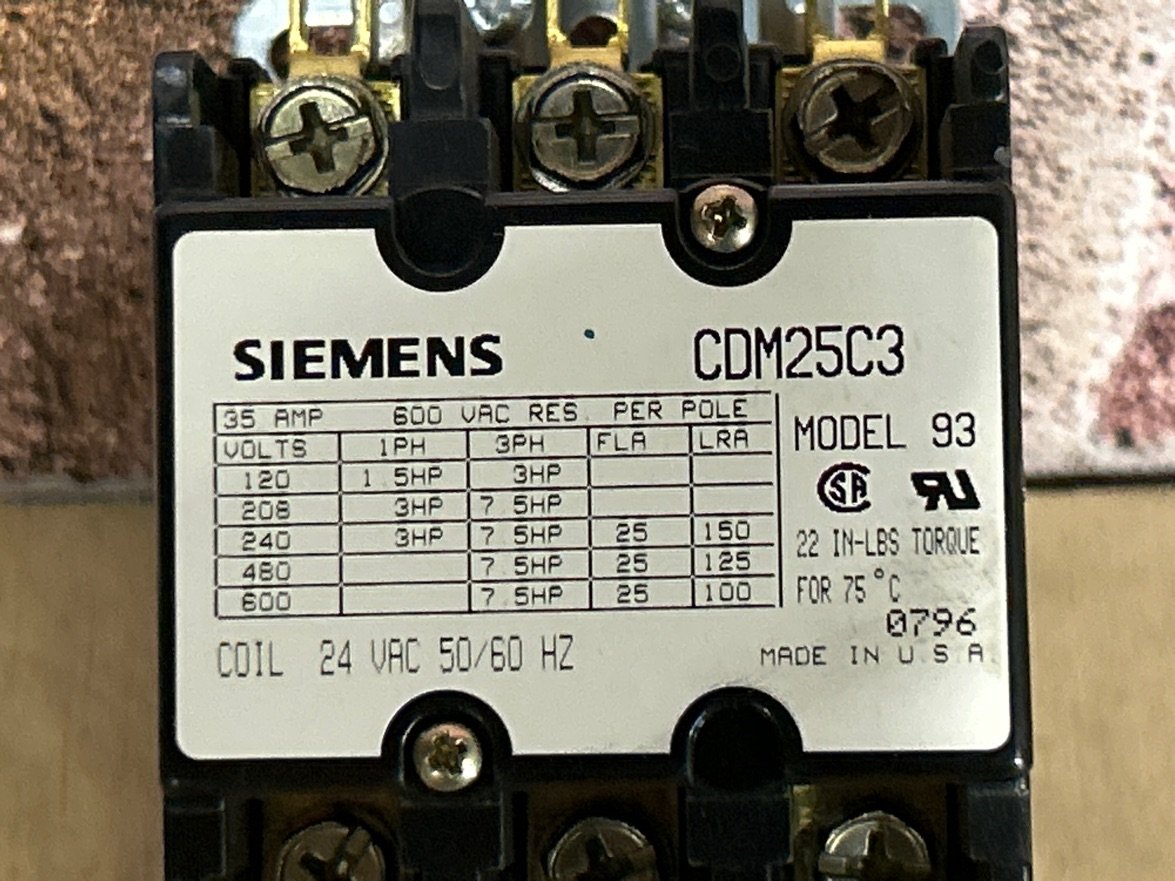 24 V, 50/60 Hz, 25 Amps 3 Pole Contactor