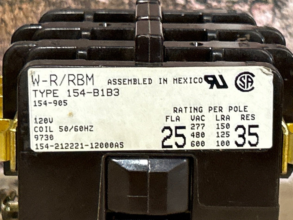 120 V, 50/60 Hz, 25 Amps 3 Pole Contactor