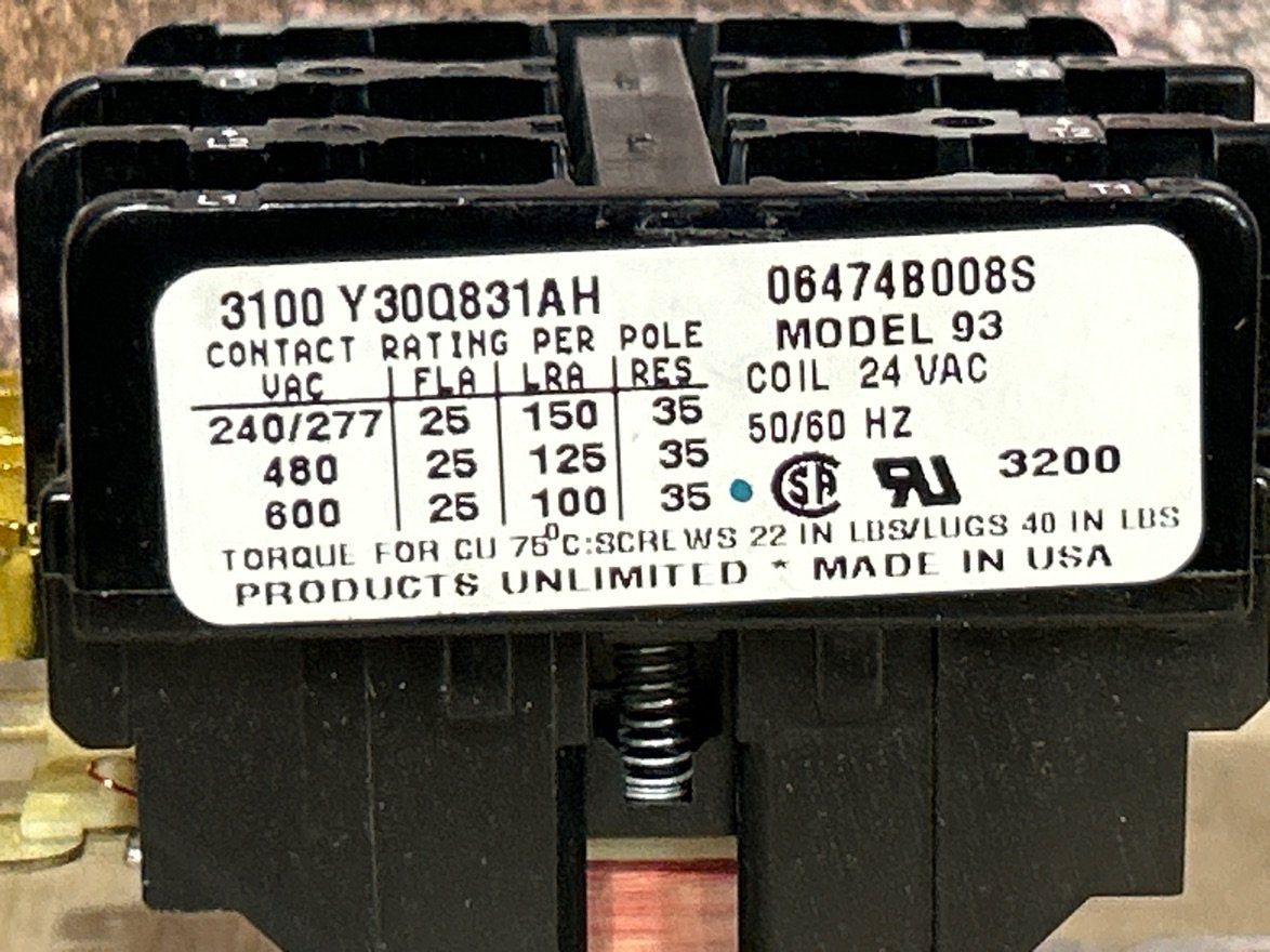 24 V, 50/60 Hz, 25 Amps 3 Pole Contactor