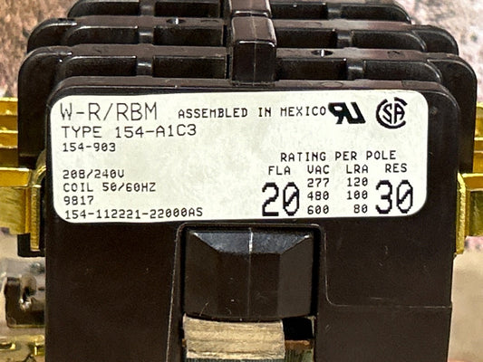208/240 V, 50/60 Hz, 20 Amps 3 Pole Contactor