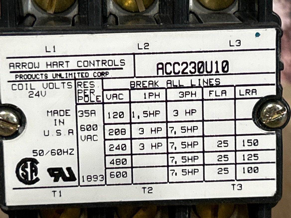 24 V, 50/60 Hz, 30 Amps 3 Pole Contactor