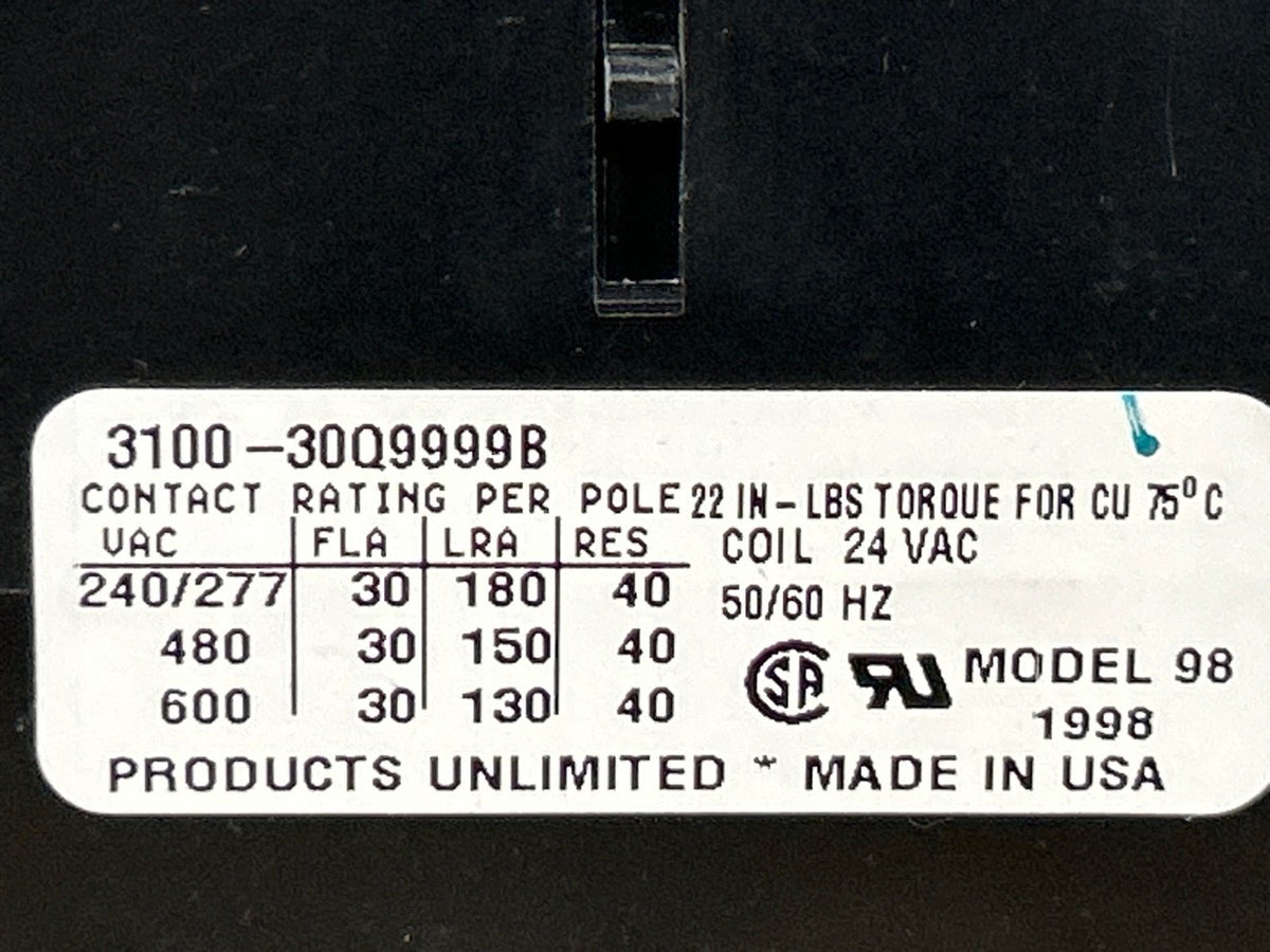 24 V, 50/60 Hz, 30 Amps 3 Pole Contactor