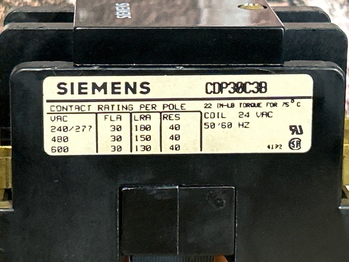 24 V, 50/60 Hz, 30 Amps 3 Pole Contactor