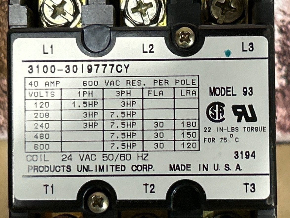 24 V, 50/60 Hz, 30 Amps 3 Pole Contactor